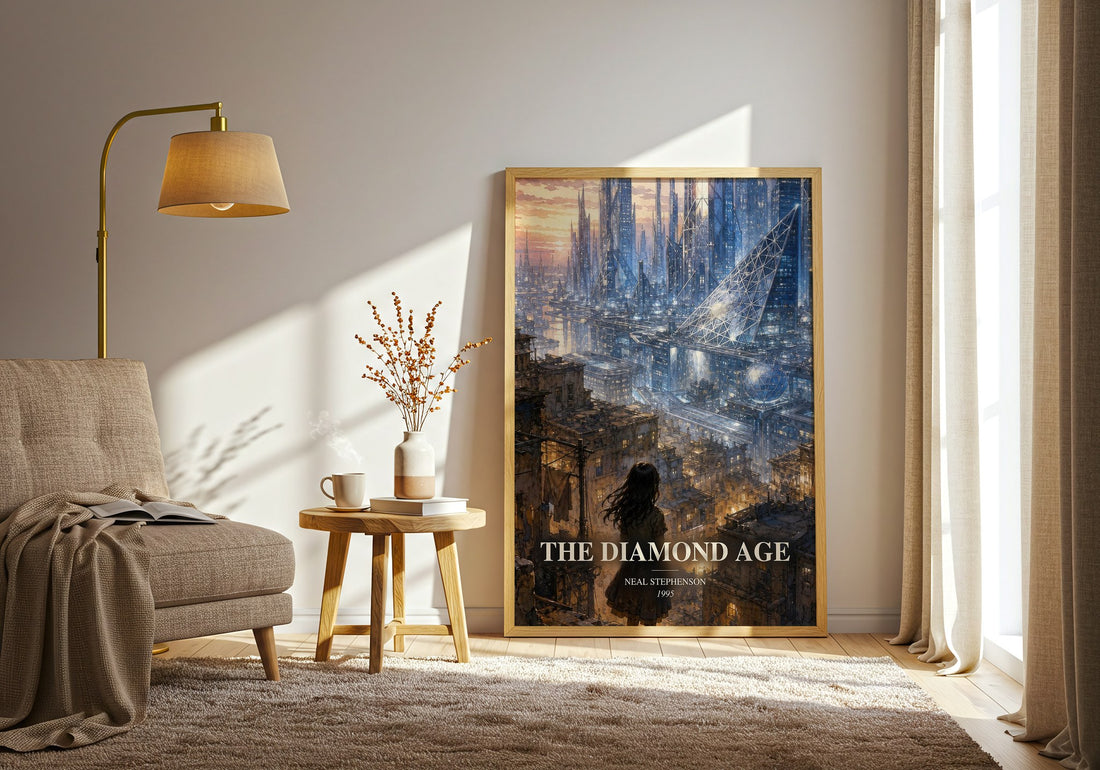 The Diamond Age watercolour print in frame leaning in hallway – sci fi wall art (mockup)