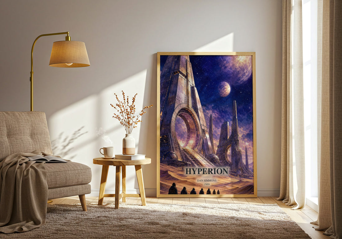 Hyperion watercolour print in frame leaning in hallway – sci fi wall art (mockup)
