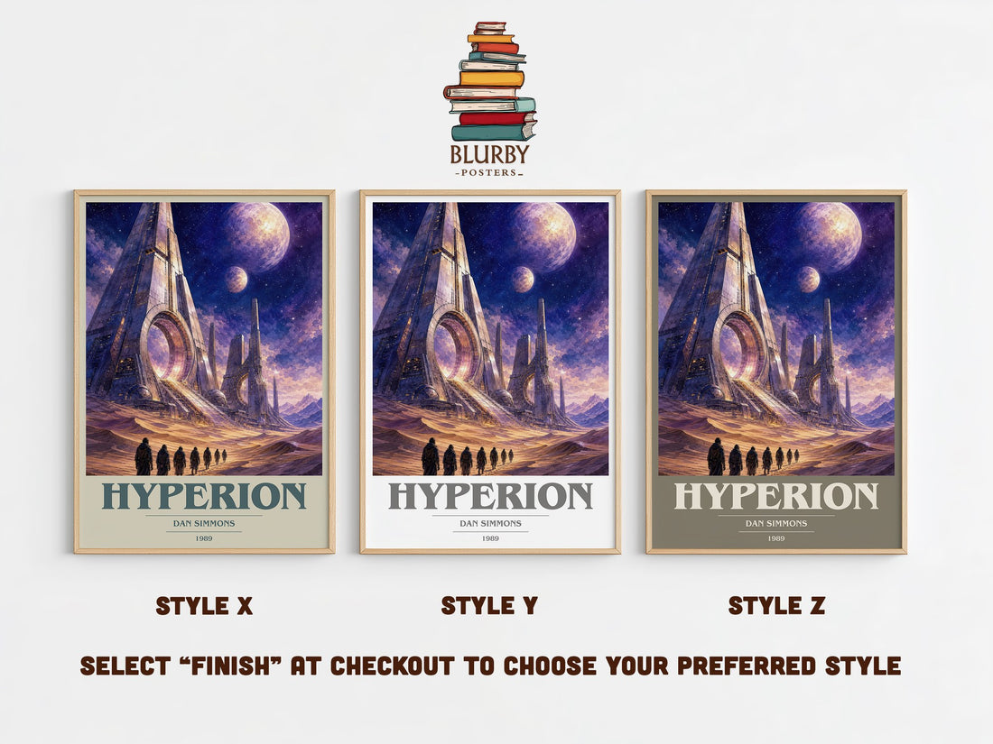 Hyperion book cover print in frame leaning in hallway – sci fi wall art (mockup)