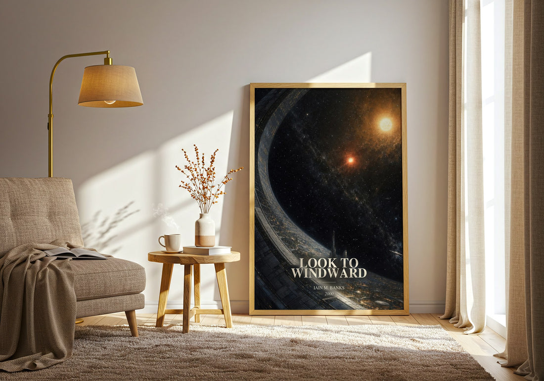 Look to Windward watercolour print in frame leaning in hallway – sci fi wall art (mockup)