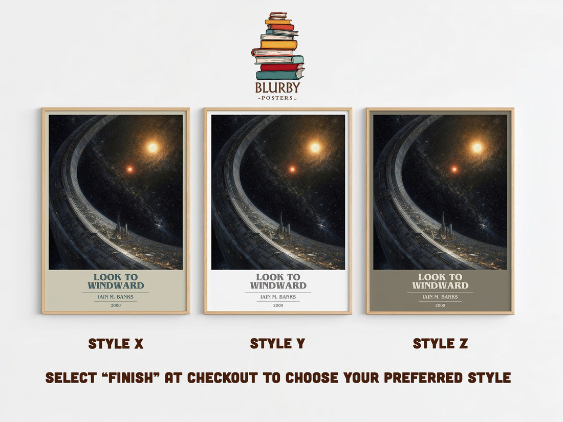 Look to Windward book cover print in frame leaning in hallway – sci fi wall art (mockup)