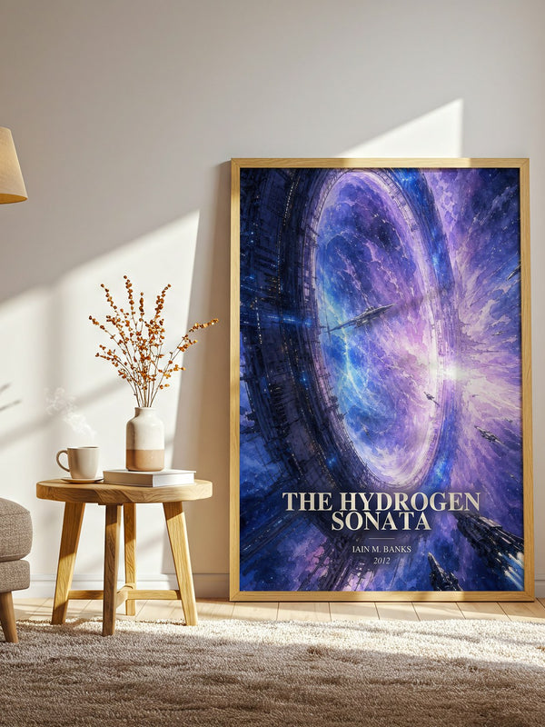 The Hydrogen Sonata watercolour print in frame leaning in hallway – sci fi wall art