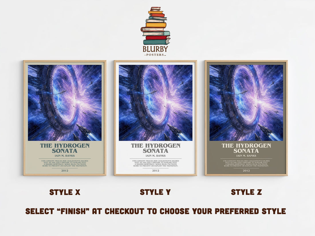 The Hydrogen Sonata bookish print in frame leaning in hallway – sci fi wall art (mockup)
