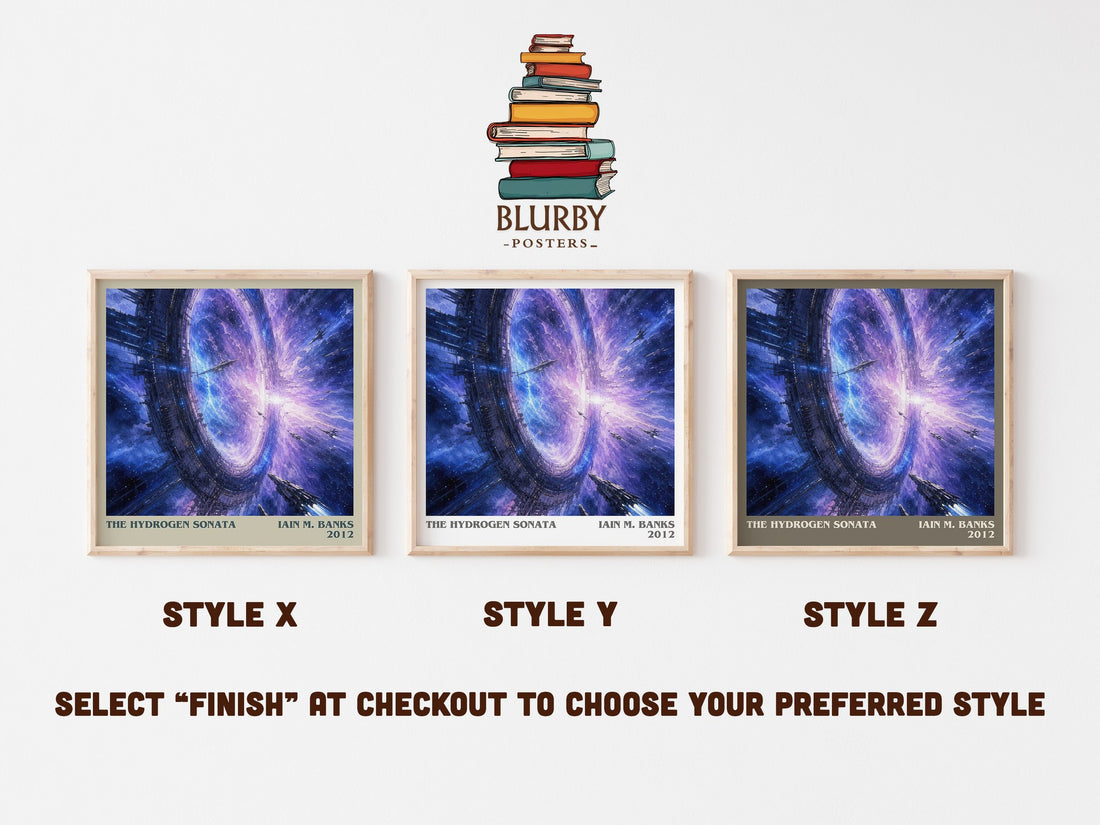 The Hydrogen Sonata literary print in frame leaning in hallway – sci fi wall art (mockup)