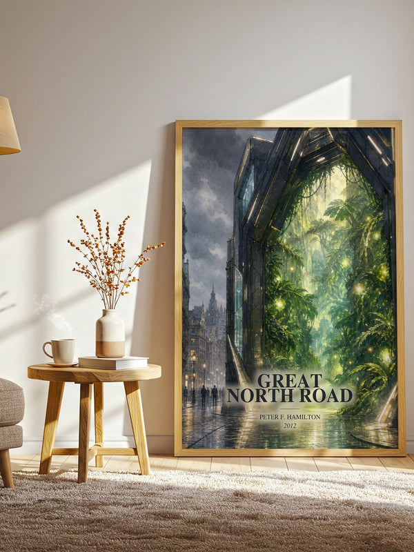 Great North Road watercolour print in frame leaning in hallway – sci fi wall art