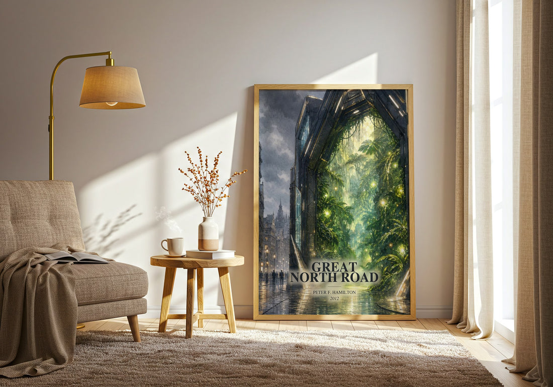 Great North Road watercolour print in frame leaning in hallway – sci fi wall art (mockup)