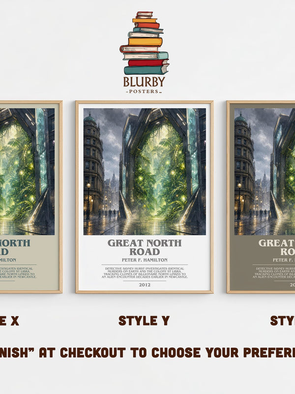 Great North Road bookish print in frame leaning in hallway – sci fi wall art