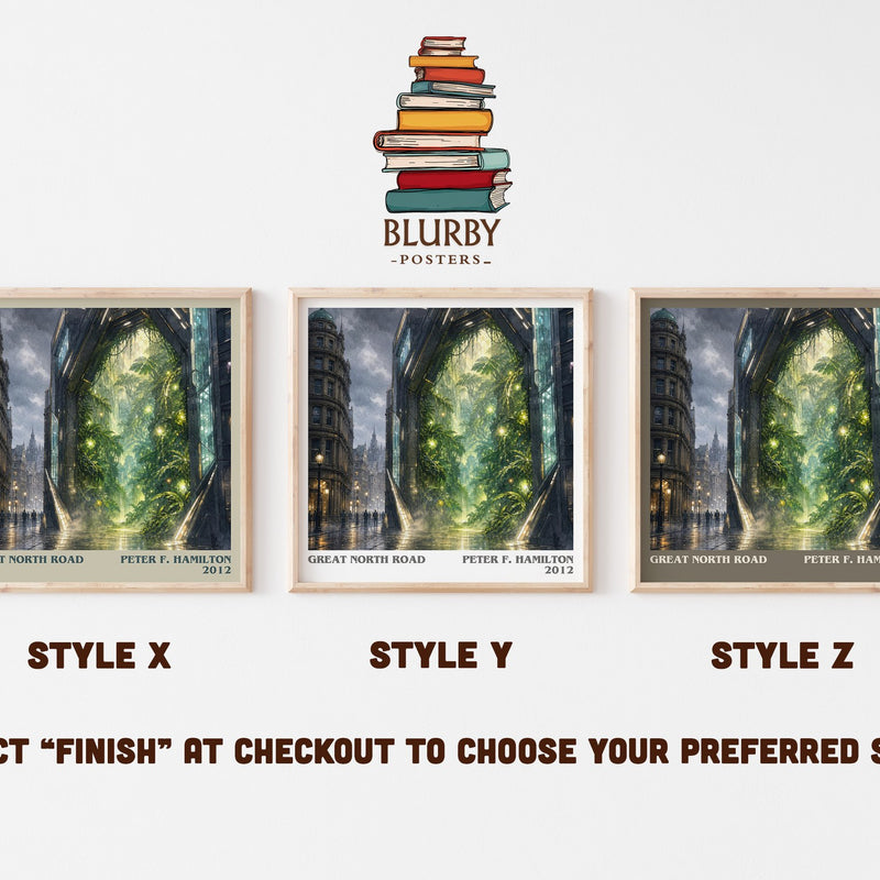 Great North Road literary print in frame leaning in hallway – sci fi wall art