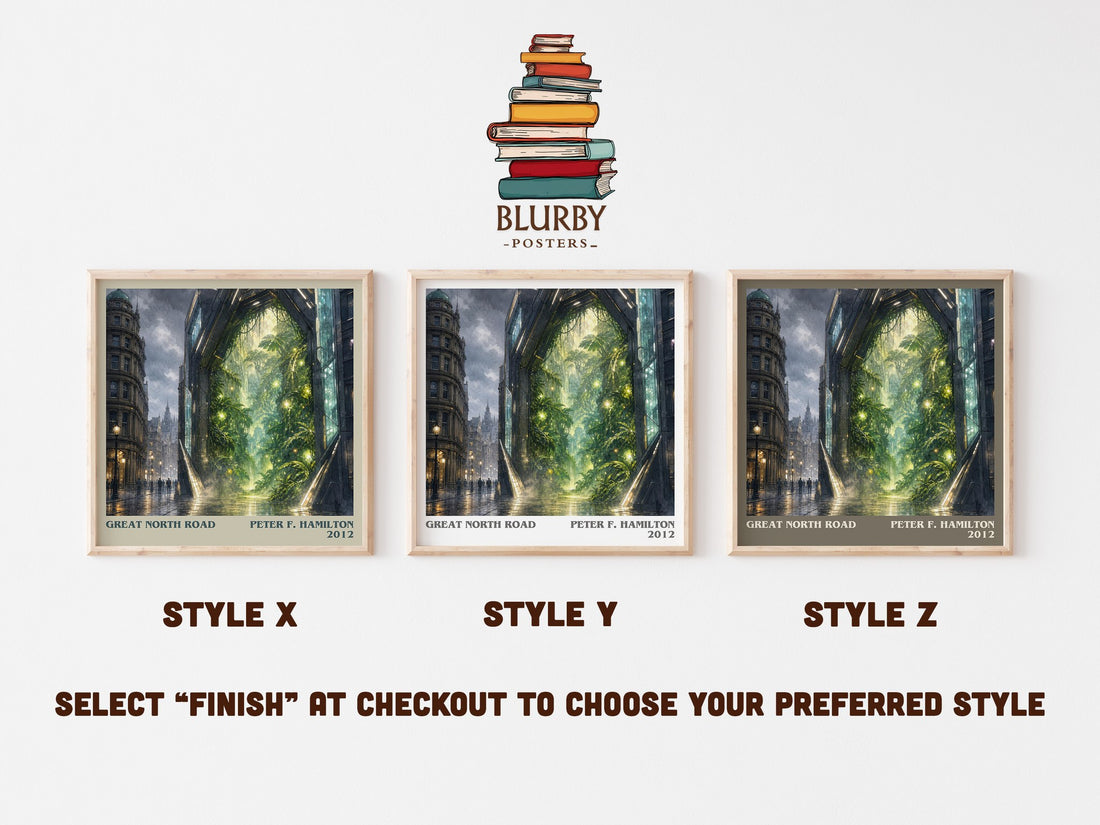 Great North Road literary print in frame leaning in hallway – sci fi wall art (mockup)