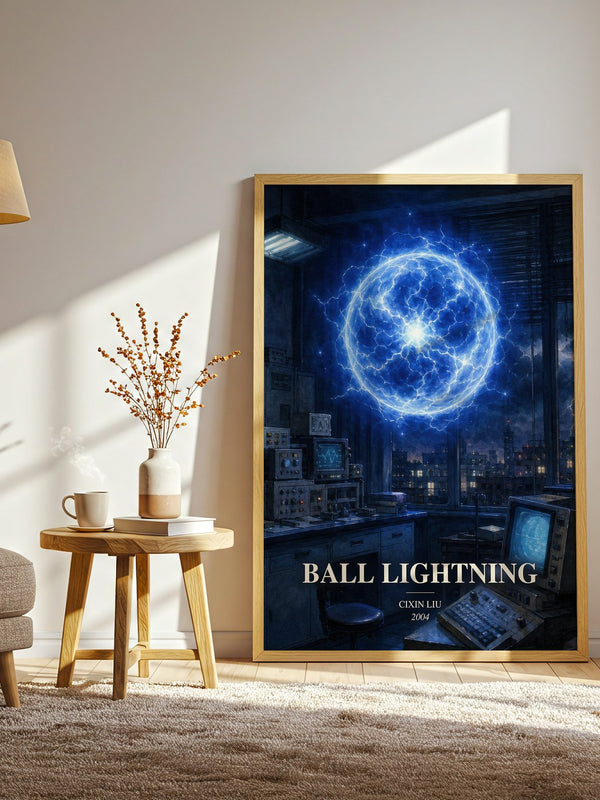 Ball Lightning watercolour print in frame leaning in hallway – sci fi wall art