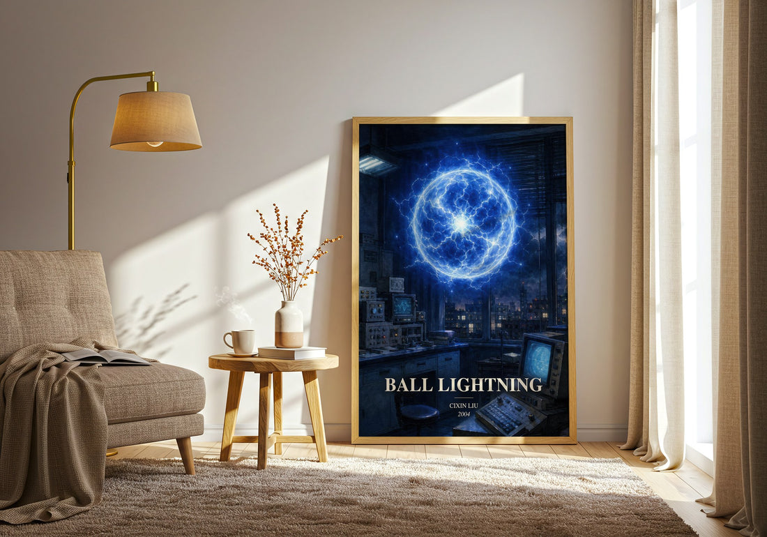 Ball Lightning watercolour print in frame leaning in hallway – sci fi wall art (mockup)
