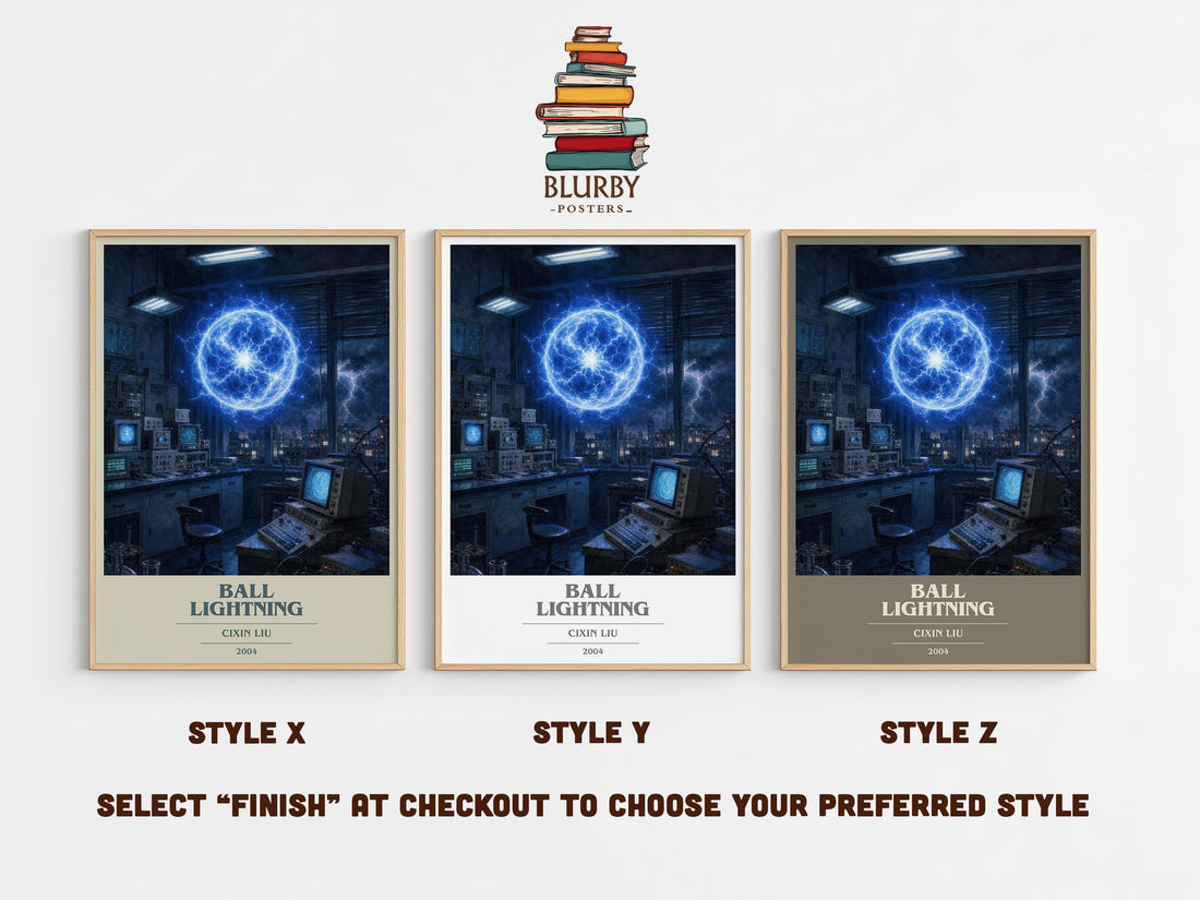 Ball Lightning book cover print in frame leaning in hallway – sci fi wall art (mockup)