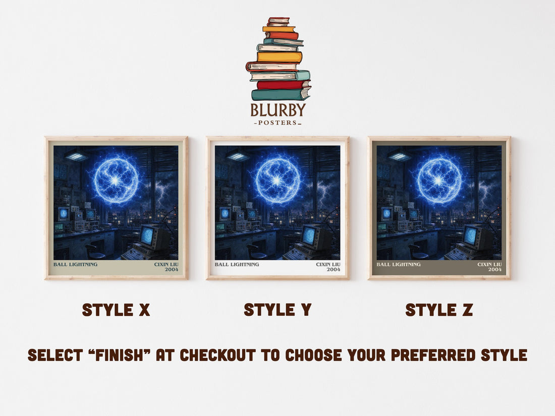 Ball Lightning literary print in frame leaning in hallway – sci fi wall art (mockup)