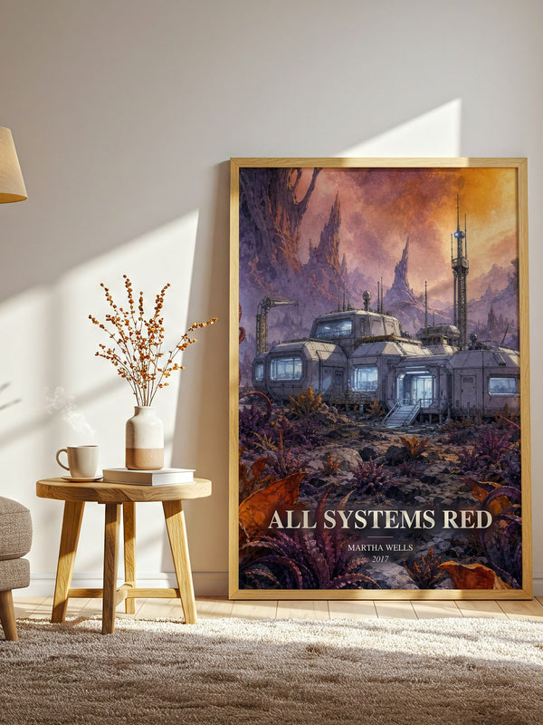 All Systems Red watercolour print in frame leaning in hallway – sci fi wall art