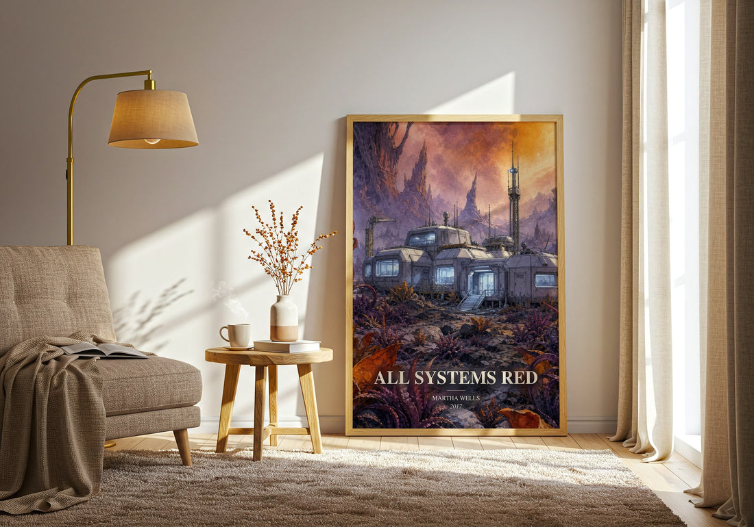 All Systems Red watercolour print in frame leaning in hallway – sci fi wall art (mockup)