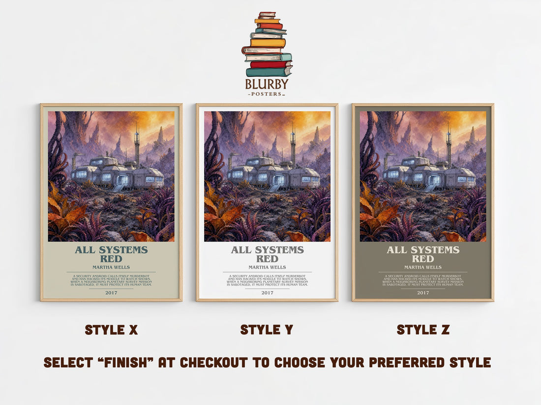 All Systems Red bookish print in frame leaning in hallway – sci fi wall art (mockup)