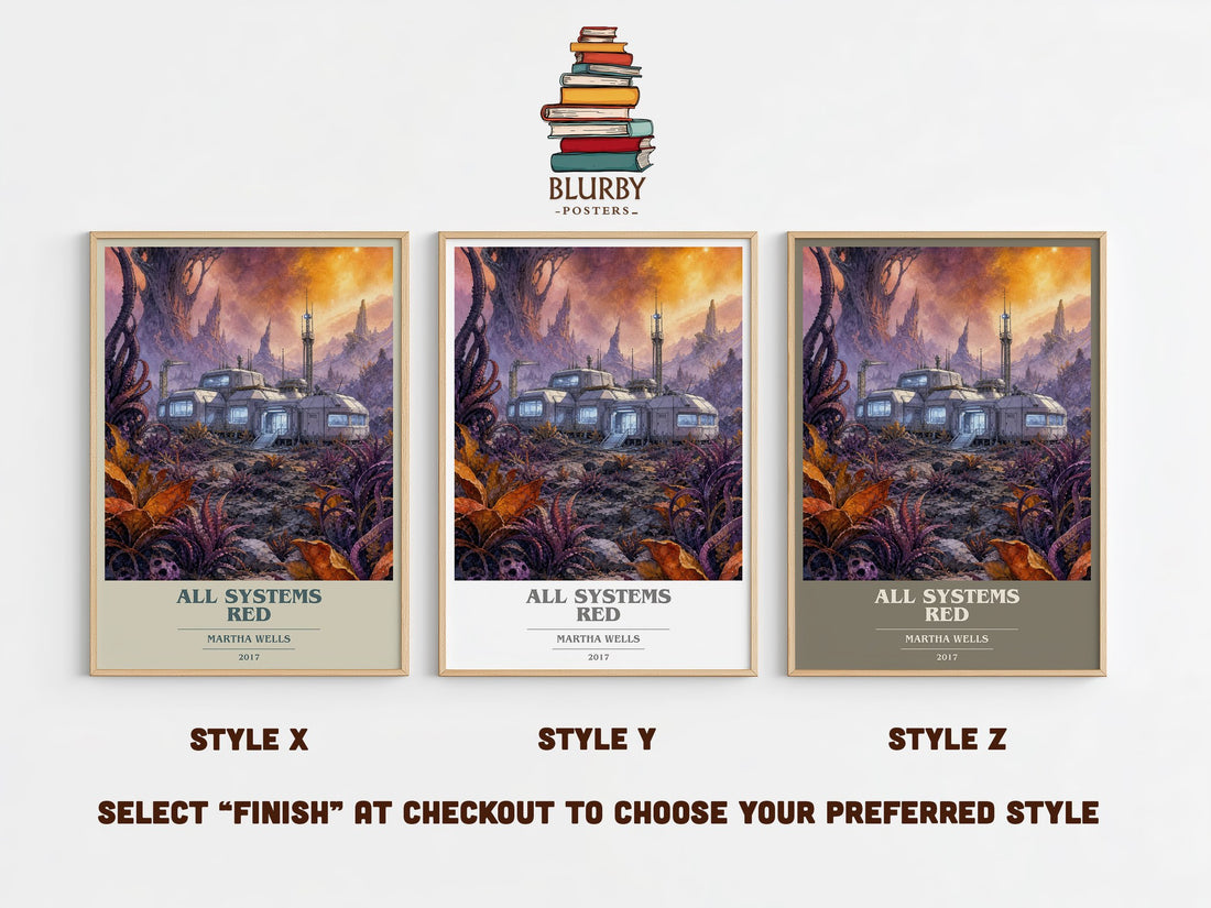 All Systems Red book cover print in frame leaning in hallway – sci fi wall art (mockup)