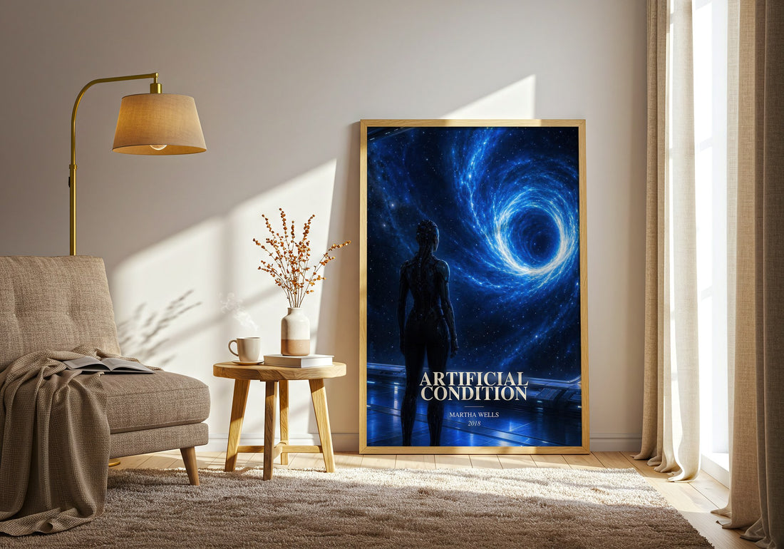Artificial Condition watercolour print in frame leaning in hallway – sci fi wall art (mockup)