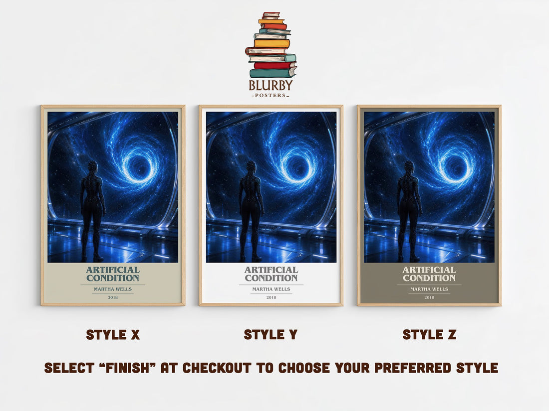 Artificial Condition book cover print in frame leaning in hallway – sci fi wall art (mockup)