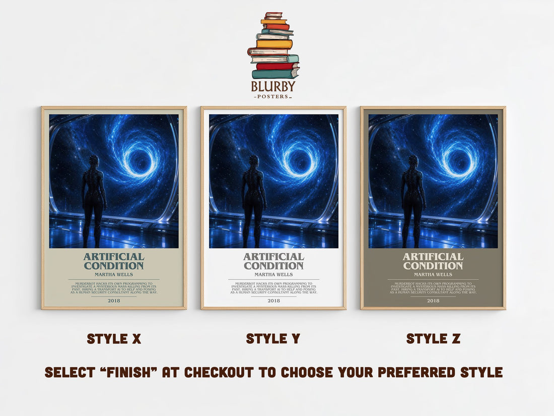 Artificial Condition bookish print in frame leaning in hallway – sci fi wall art (mockup)