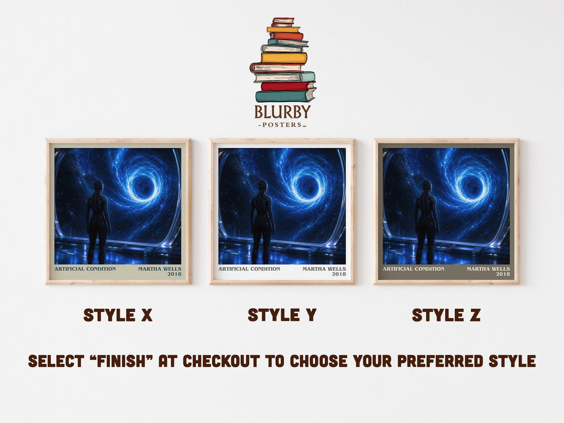 Artificial Condition literary print in frame leaning in hallway – sci fi wall art (mockup)