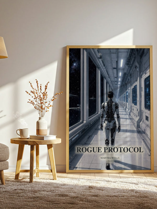 Rogue Protocol watercolour print in frame leaning in hallway – sci fi wall art