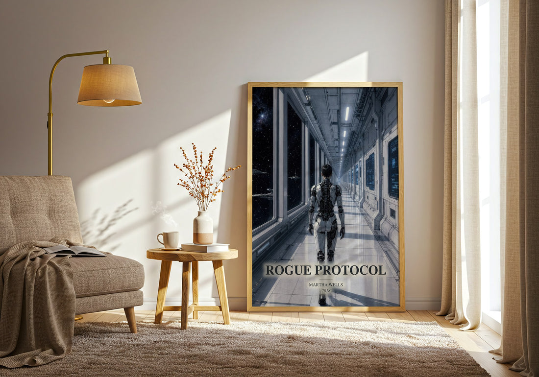 Rogue Protocol watercolour print in frame leaning in hallway – sci fi wall art (mockup)