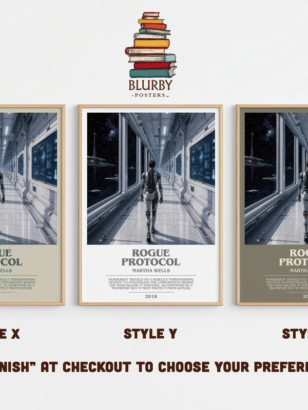 Rogue Protocol bookish print in frame leaning in hallway – sci fi wall art