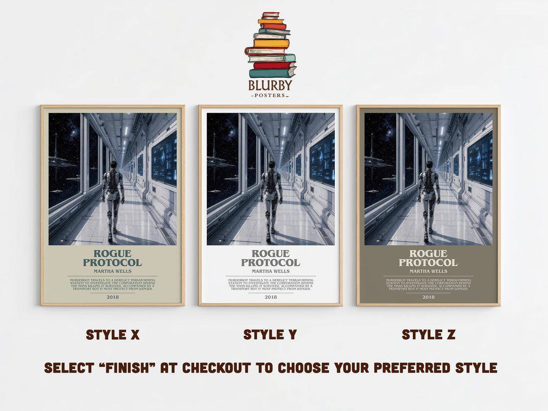 Rogue Protocol bookish print in frame leaning in hallway – sci fi wall art (mockup)
