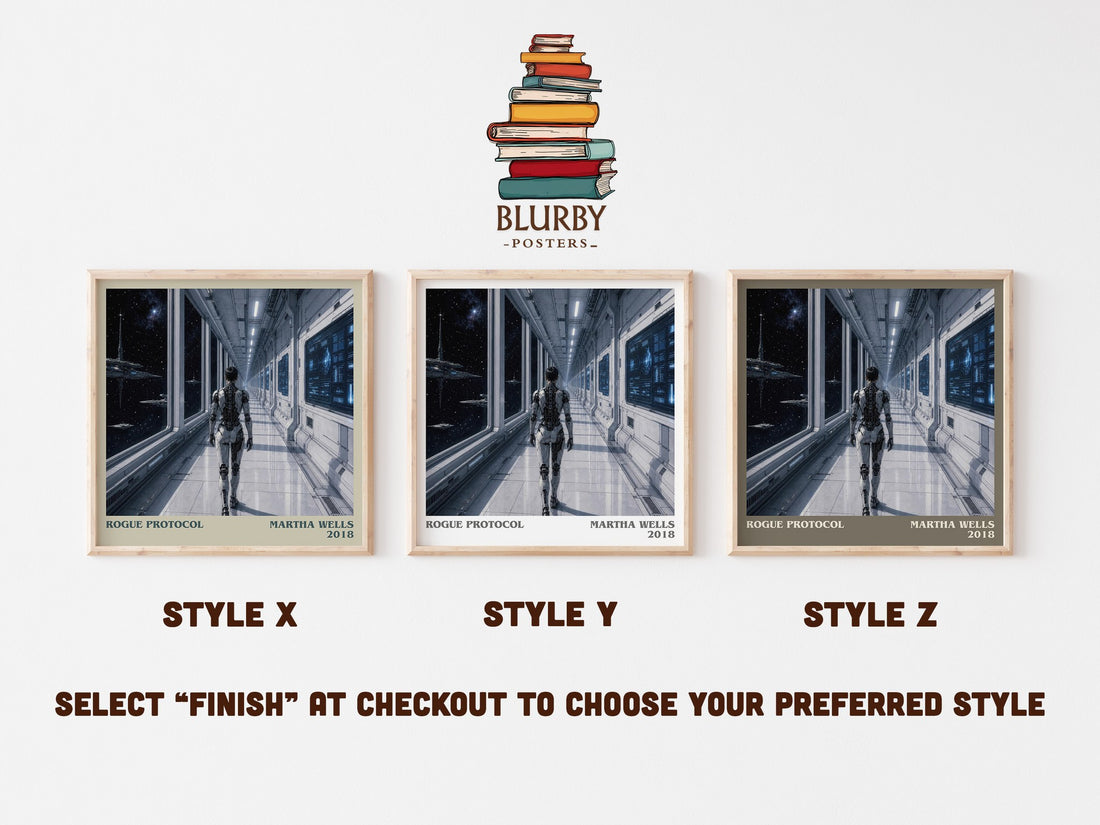 Rogue Protocol literary print in frame leaning in hallway – sci fi wall art (mockup)