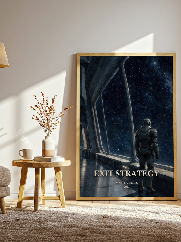 Exit Strategy watercolour print in frame leaning in hallway – sci fi wall art