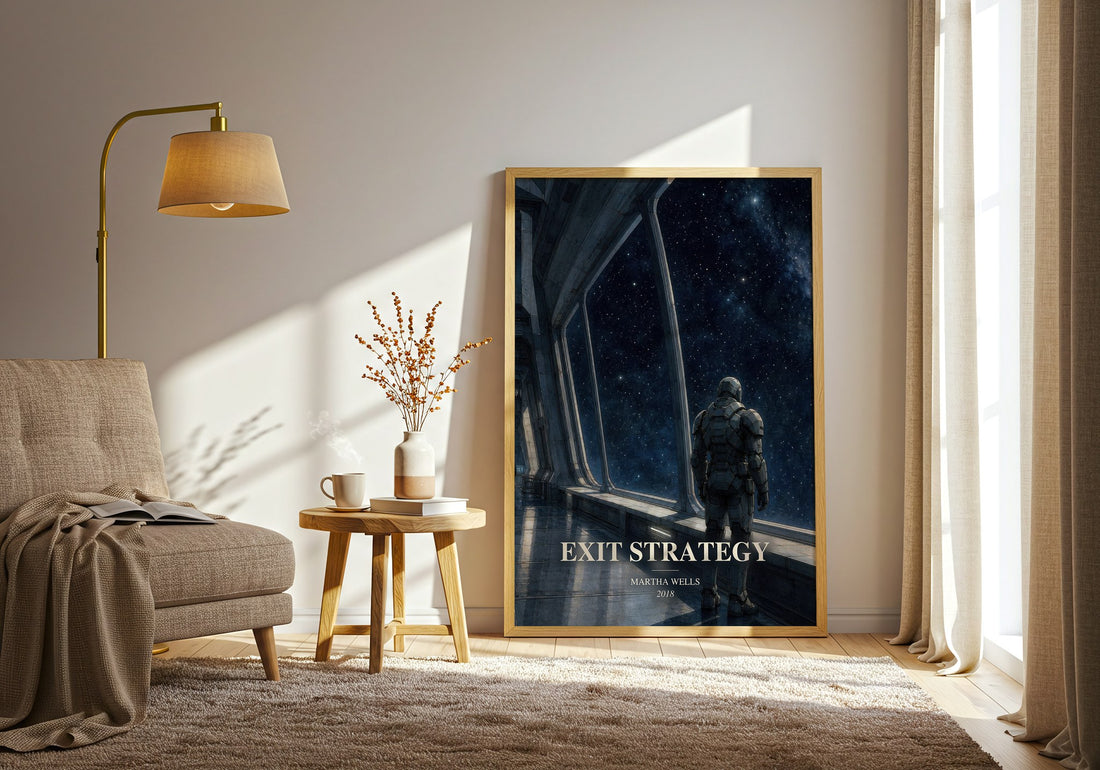 Exit Strategy watercolour print in frame leaning in hallway – sci fi wall art (mockup)