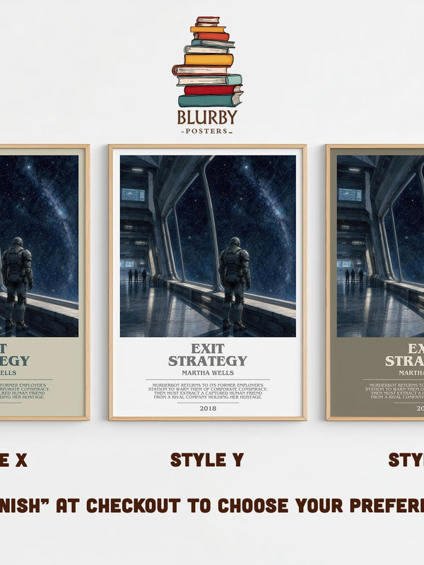 Exit Strategy bookish print in frame leaning in hallway – sci fi wall art