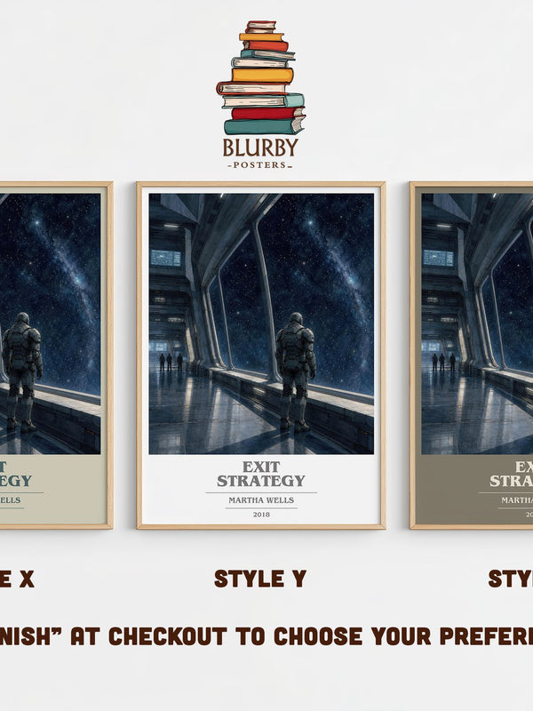 Exit Strategy book cover print in frame leaning in hallway – sci fi wall art