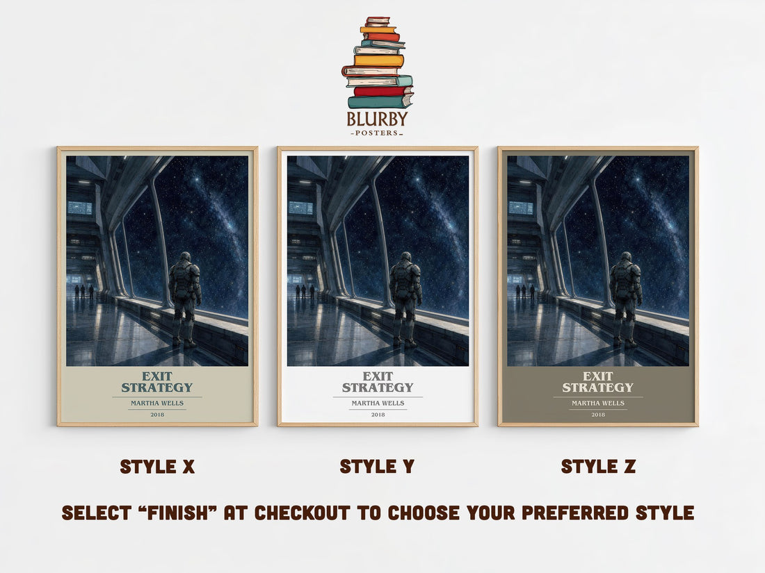 Exit Strategy book cover print in frame leaning in hallway – sci fi wall art (mockup)