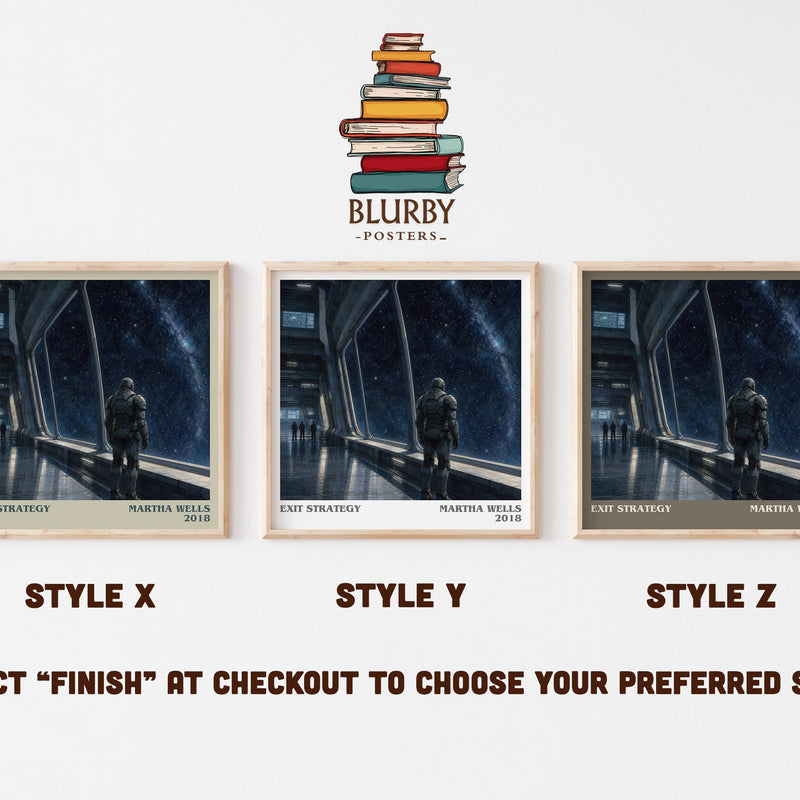Exit Strategy literary print in frame leaning in hallway – sci fi wall art