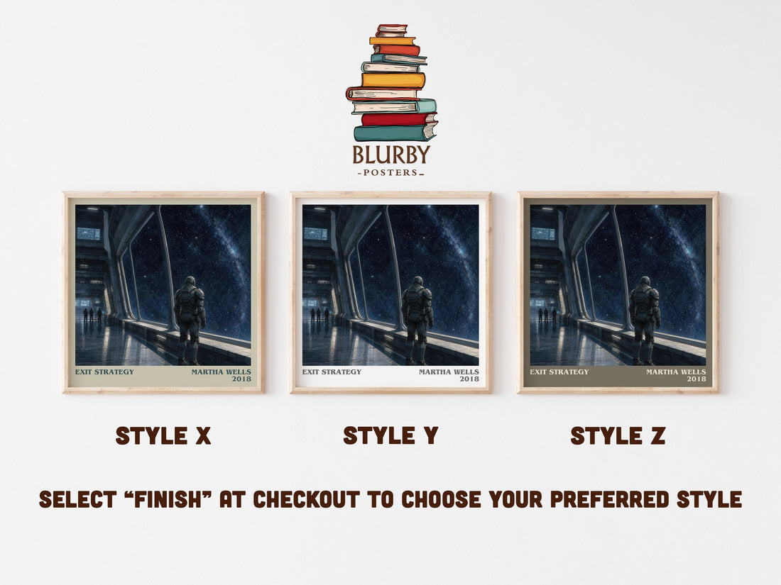 Exit Strategy literary print in frame leaning in hallway – sci fi wall art (mockup)