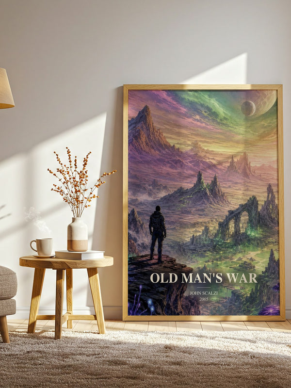 Old Man's War watercolour print in frame leaning in hallway – sci fi wall art