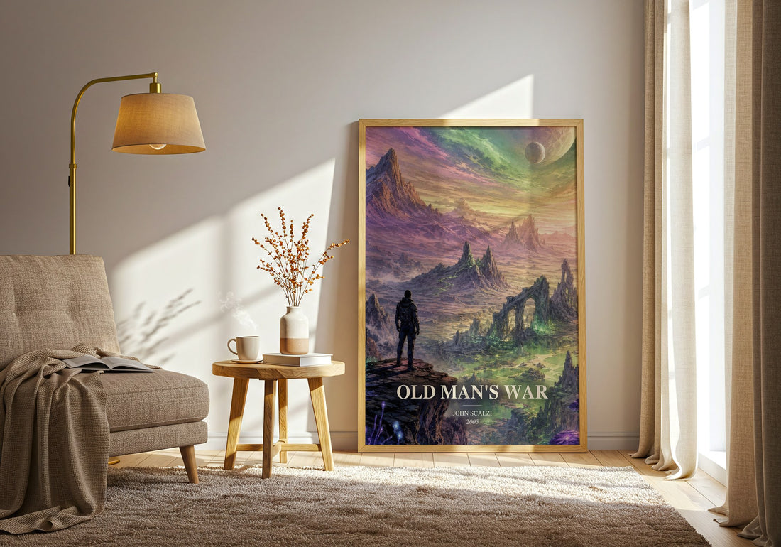 Old Man's War watercolour print in frame leaning in hallway – sci fi wall art (mockup)