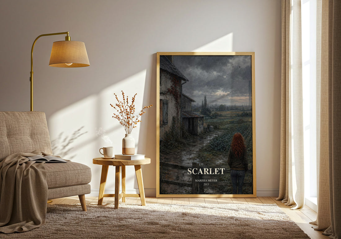 Scarlet watercolour print in frame leaning in hallway – young adult wall art (mockup)