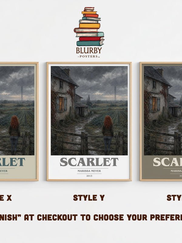Scarlet book cover print in frame leaning in hallway – young adult wall art