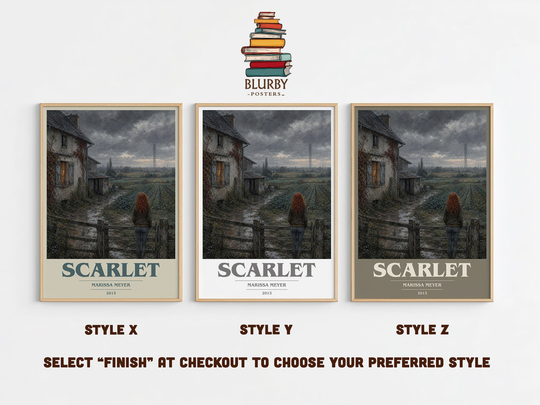 Scarlet book cover print in frame leaning in hallway – young adult wall art (mockup)