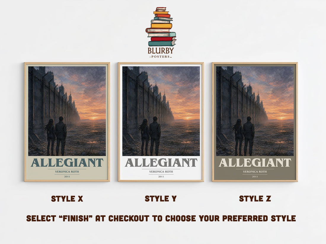 Allegiant book cover print in frame leaning in hallway – dystopian wall art (mockup)
