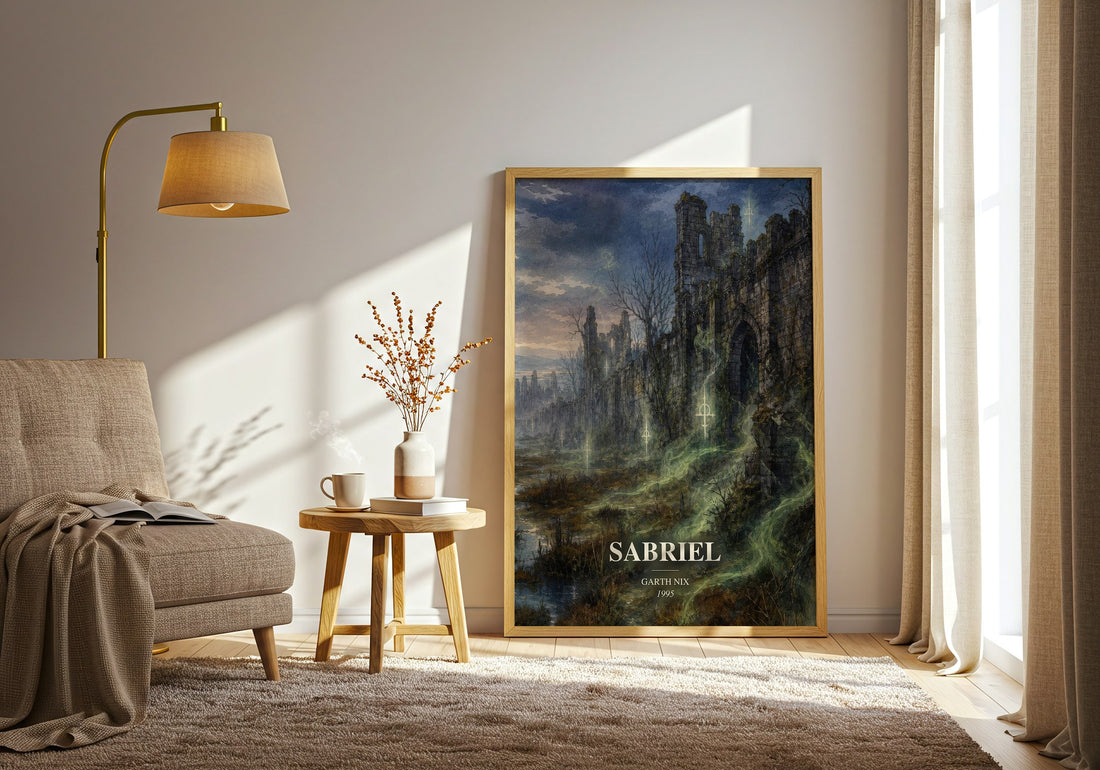Sabriel watercolour print in frame leaning in hallway – fantasy wall art (mockup)