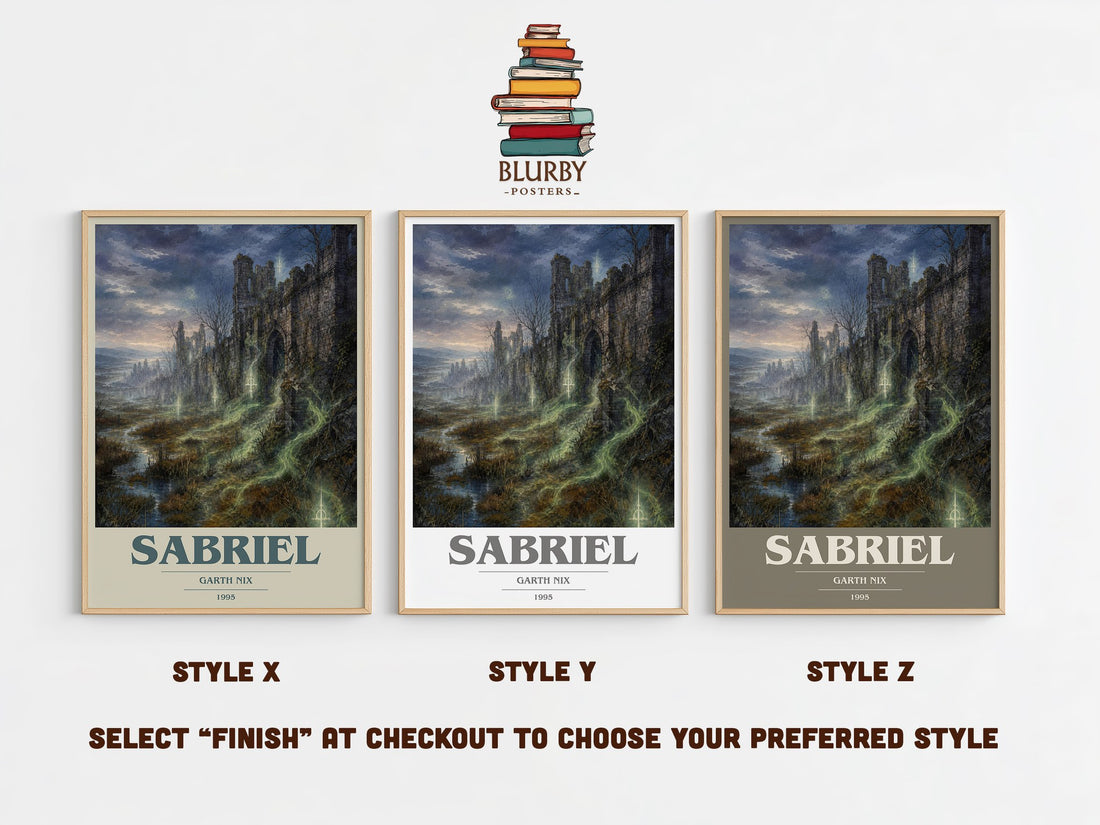 Sabriel book cover print in frame leaning in hallway – fantasy wall art (mockup)