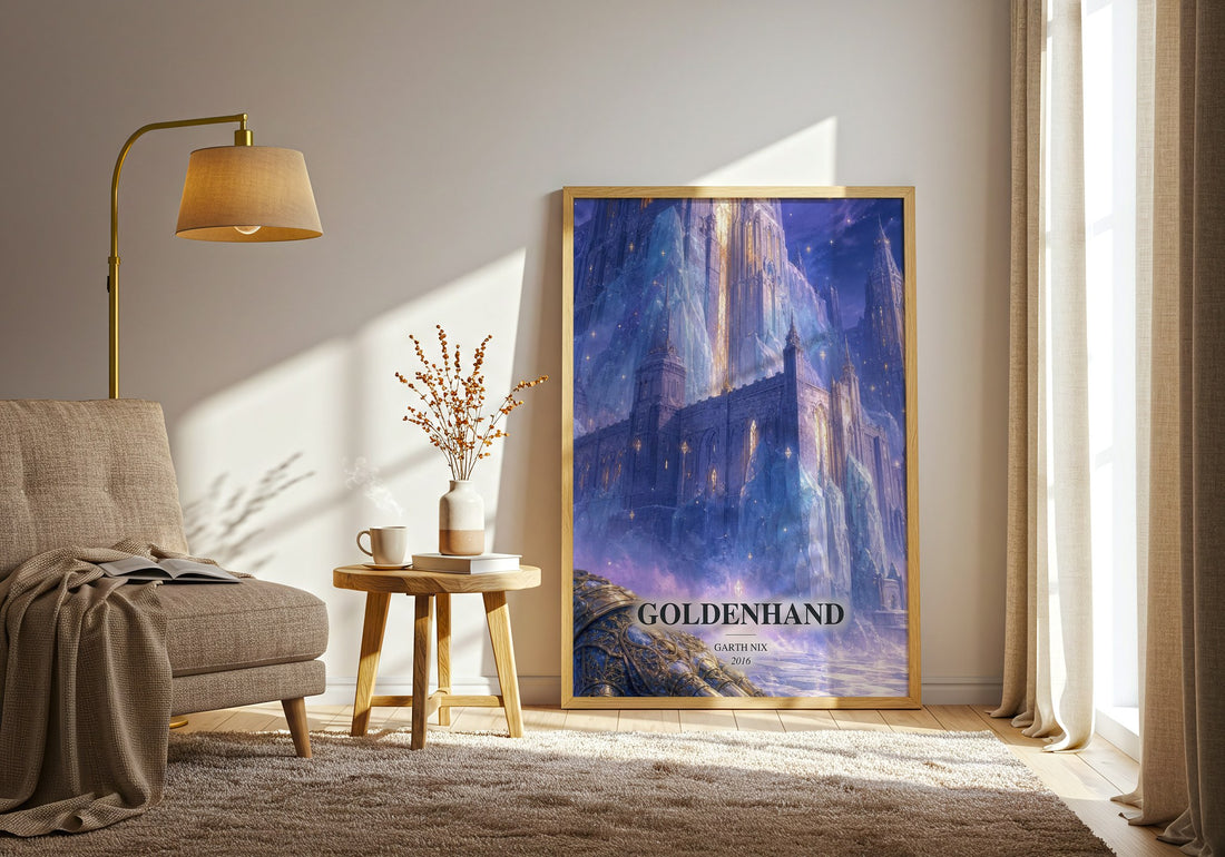 Goldenhand watercolour print in frame leaning in hallway – fantasy wall art (mockup)