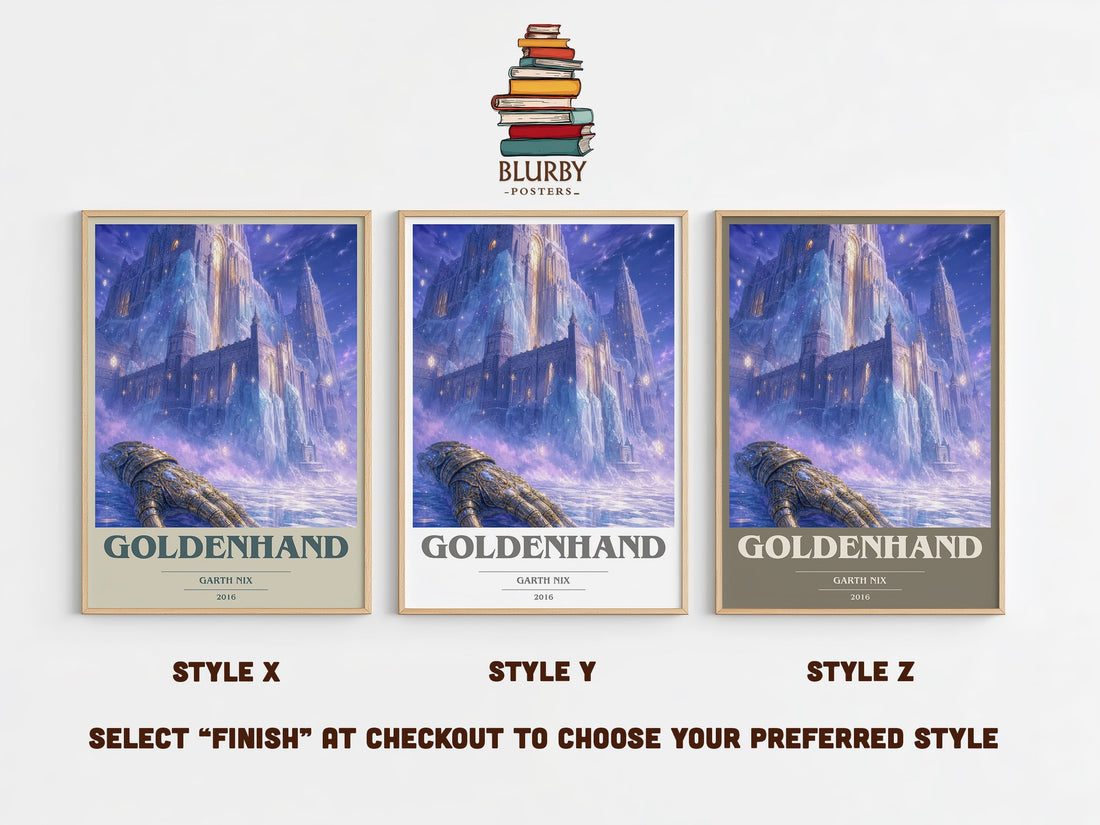 Goldenhand book cover print in frame leaning in hallway – fantasy wall art (mockup)