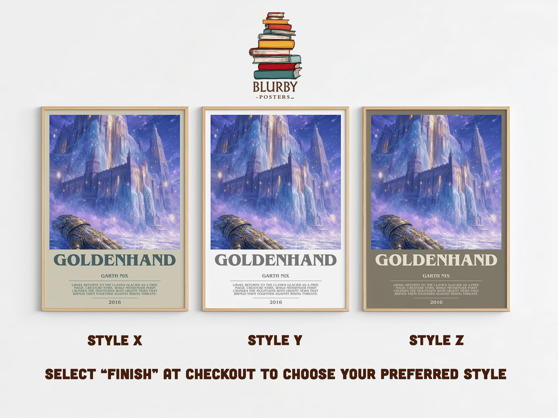 Goldenhand bookish print in frame leaning in hallway – fantasy wall art (mockup)