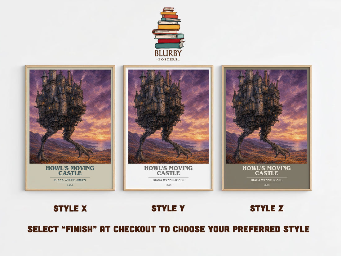 Howl's Moving Castle book cover print in frame leaning in hallway – fantasy wall art (mockup)