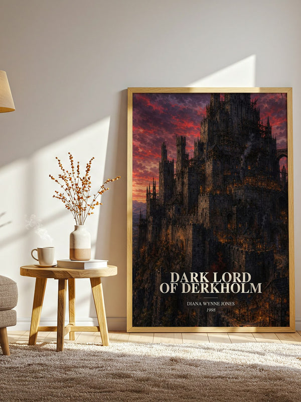 Dark Lord of Derkholm watercolour print in frame leaning in hallway – fantasy wall art